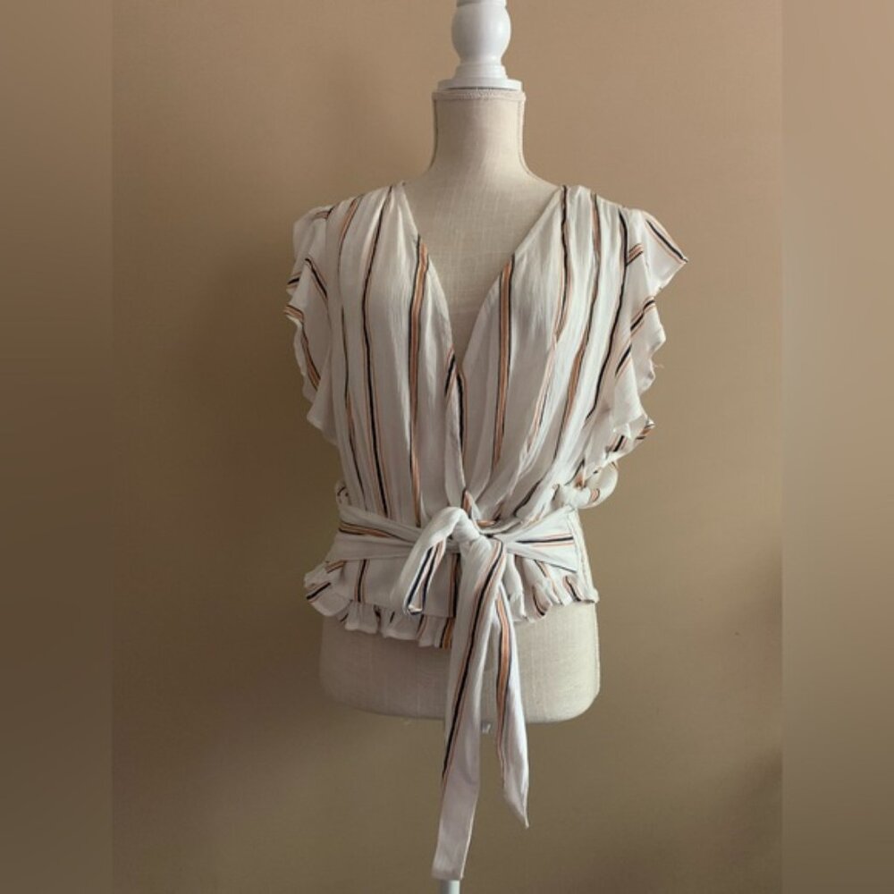 Striped Ruffle Sleeve Wrap Top